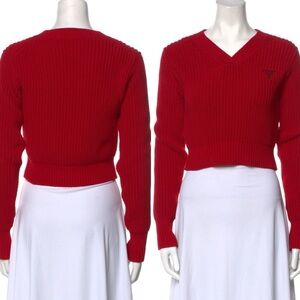 Prada 2022 V-neck embroidered logo red knit sweater